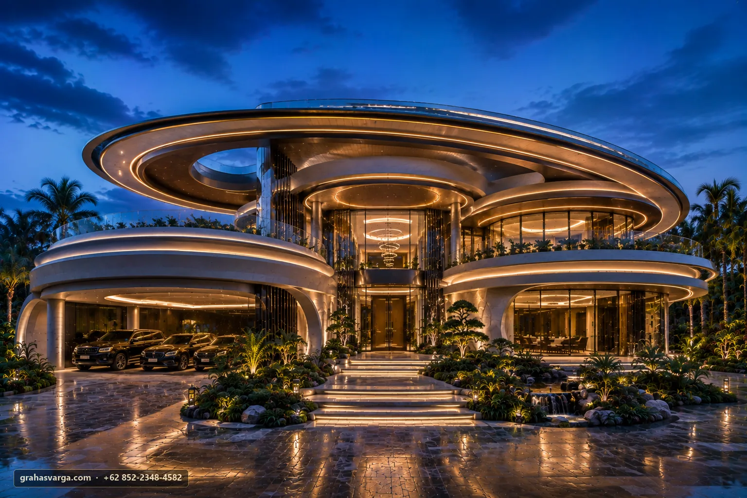Villa mewah futuristik karya Graha Svarga dengan bentuk organik dan pencahayaan emas